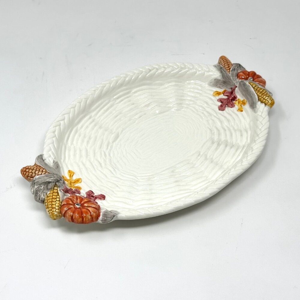 Vintage Fitz and Floyd 1990 Fall/Thanksgiving Weaved Platter Pumpkin Corn